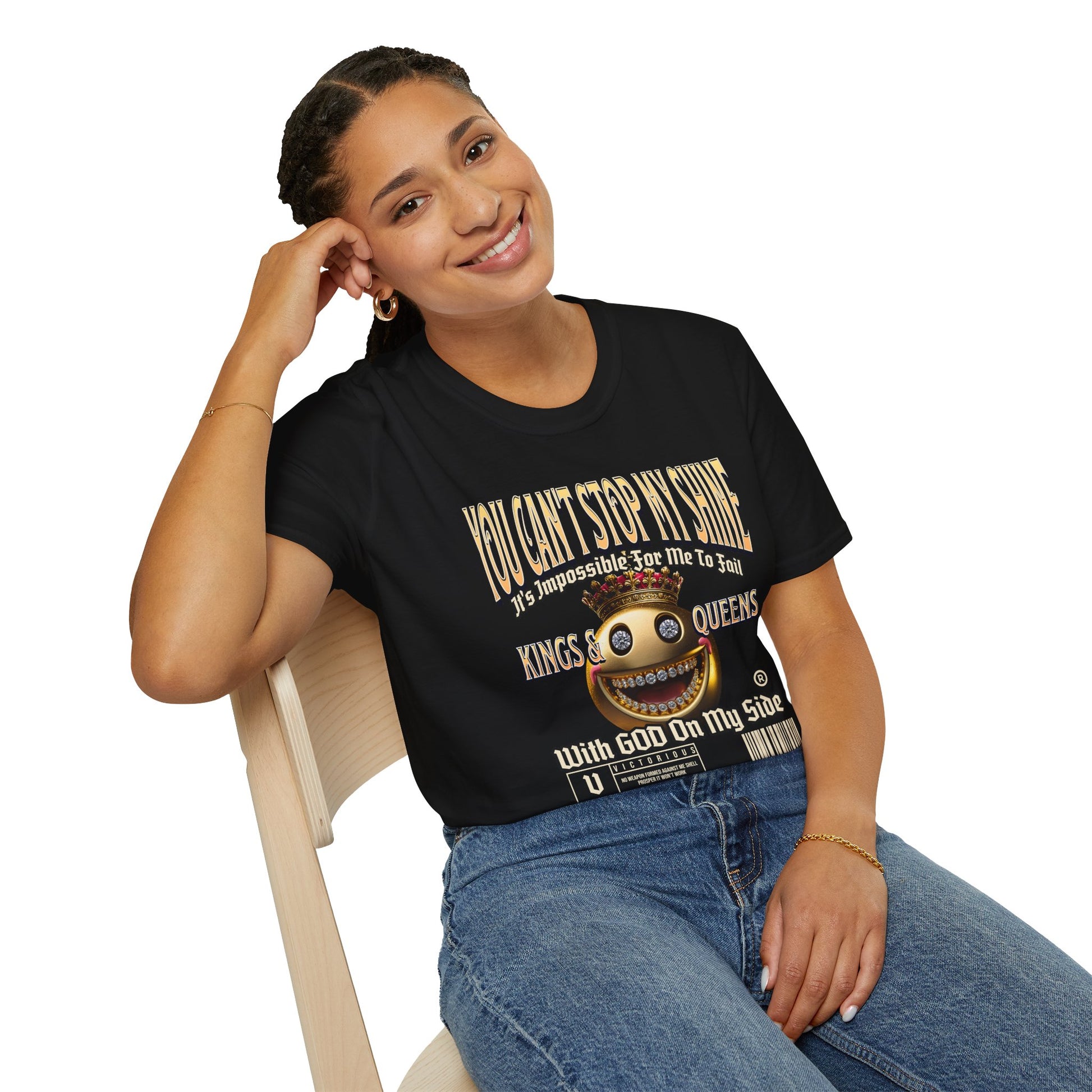 Brilliant Black Kingdom Confidence Graphic Gold Happy Face Emoji Unisex T-Shirt: You Can’t Stop My Shine Tee, With GOD On My Side, Premium Casual-Tee