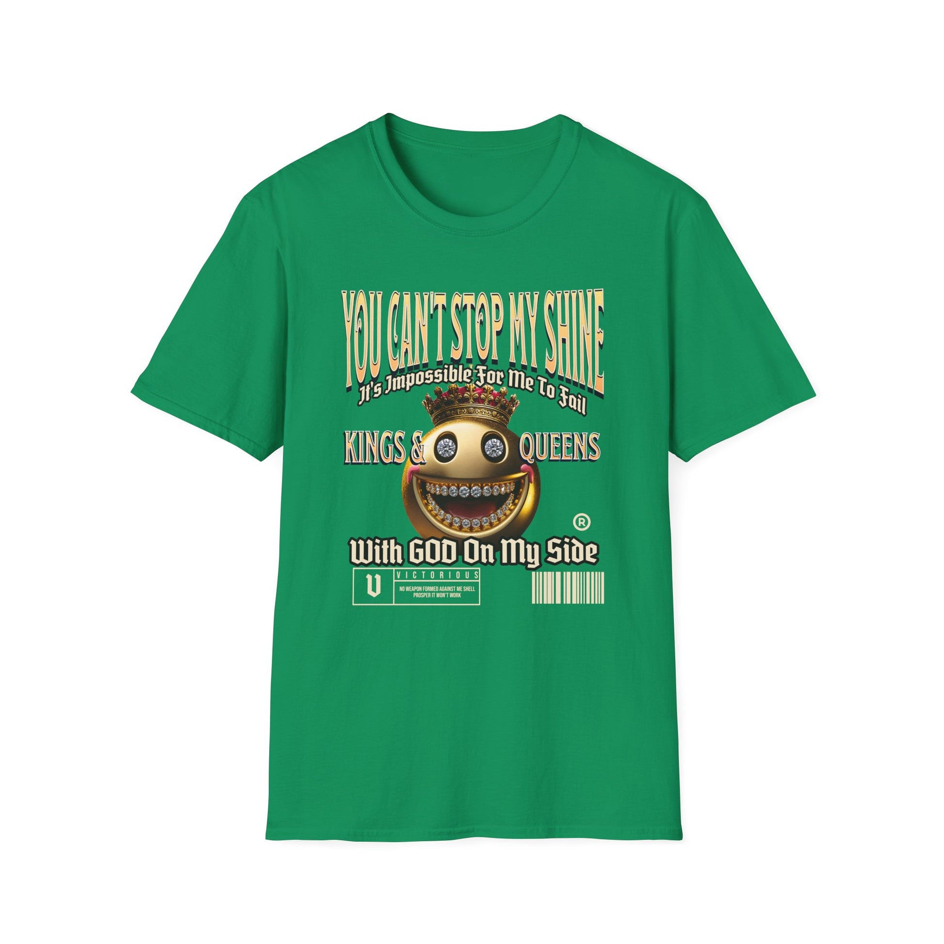 Optimistic Green Kingdom Confidence Graphic Gold Happy Face Emoji Unisex T-Shirt: You Can’t Stop My Shine Tee, With GOD On My Side, Premium Casual-Tee