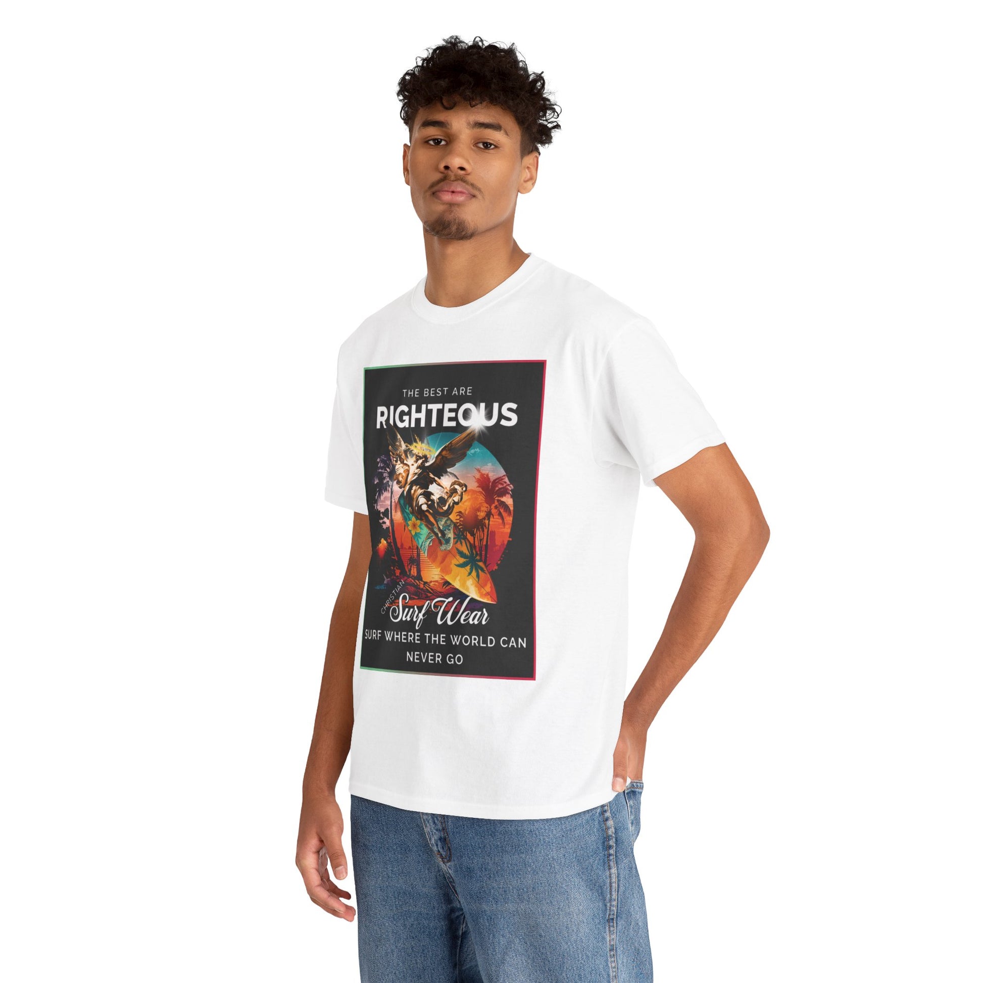 Angle at Work Surf Wear Vintage Beach Graphic - Angle riding a Surfboard Graphic Surfing Righteous Unisex Heavy Cotton Tee, Beachwear, Christian T-Shirt, Summer Fashion, Casual Style, Gift for Surfers