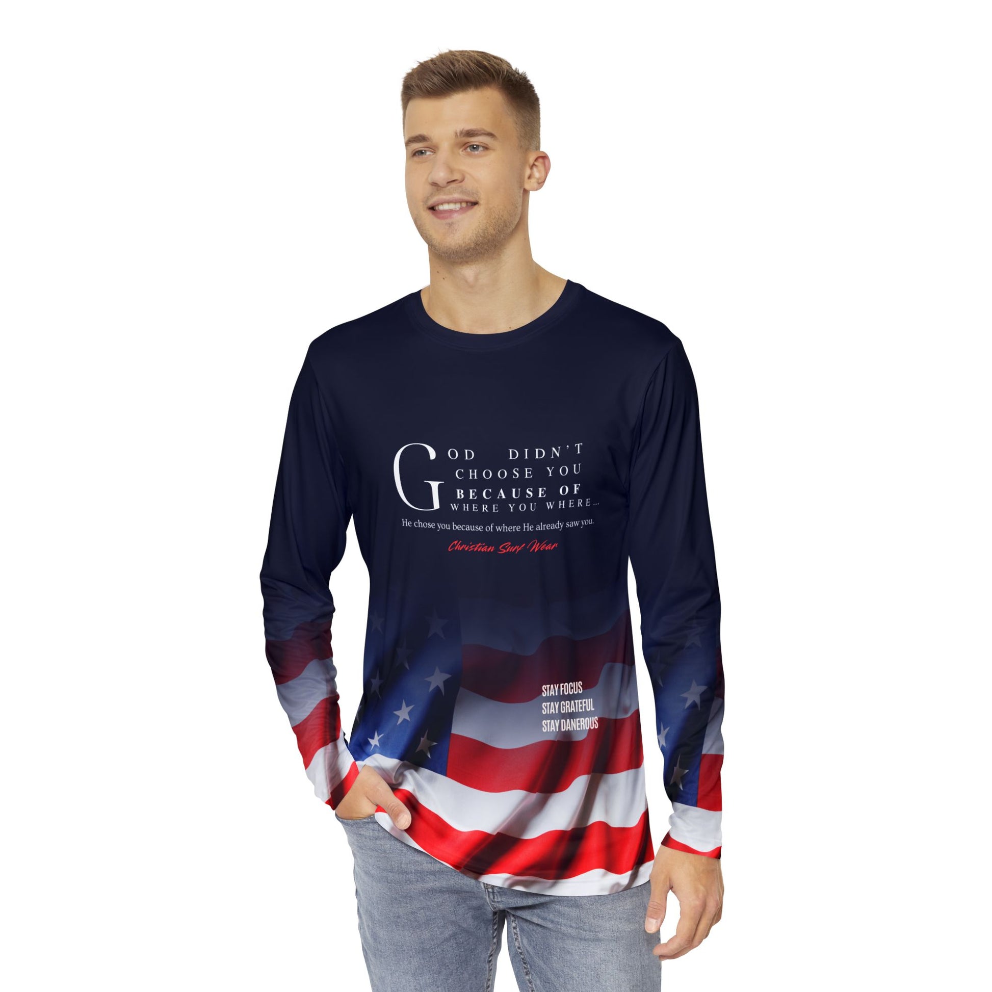 Patriotic Long Sleeve The Push-Up Moment™: Declaration of Identity Men's AOP Tee, American Flag Shirt, Freedom Apparel, Memorial Day Gift