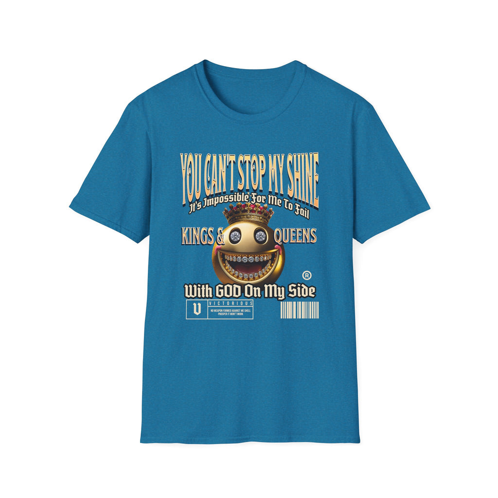 AuntieKingdom Confidence Graphic Gold Happy Face Emoji Unisex T-Shirt: You Can’t Stop My Shine Tee, With GOD On My Side, Premium Casual-Tee
