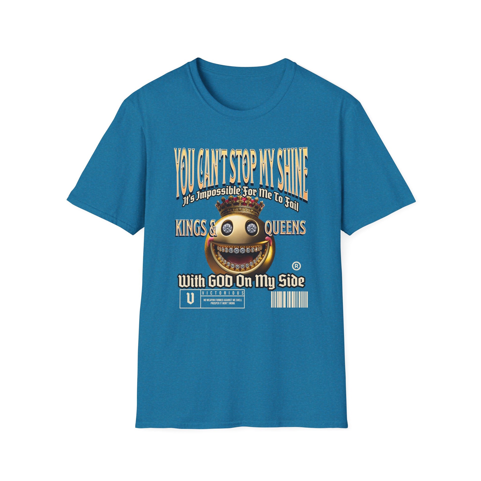 AuntieKingdom Confidence Graphic Gold Happy Face Emoji Unisex T-Shirt: You Can’t Stop My Shine Tee, With GOD On My Side, Premium Casual-Tee