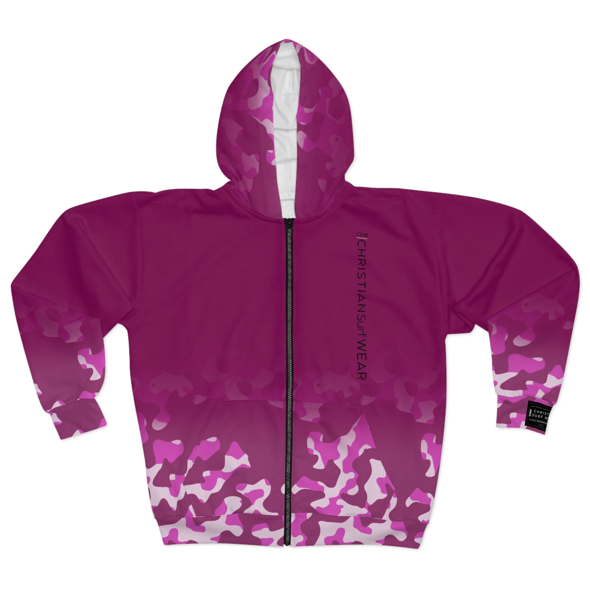 Christian Surf Wear Vintage Militant Vibrant Miami Beach theme  Zip Hoodie, Unisex Hoodie for Beach Lovers, Vibrant AOP Design, Gift for Christmas and Summer, Stylish Camo Layer