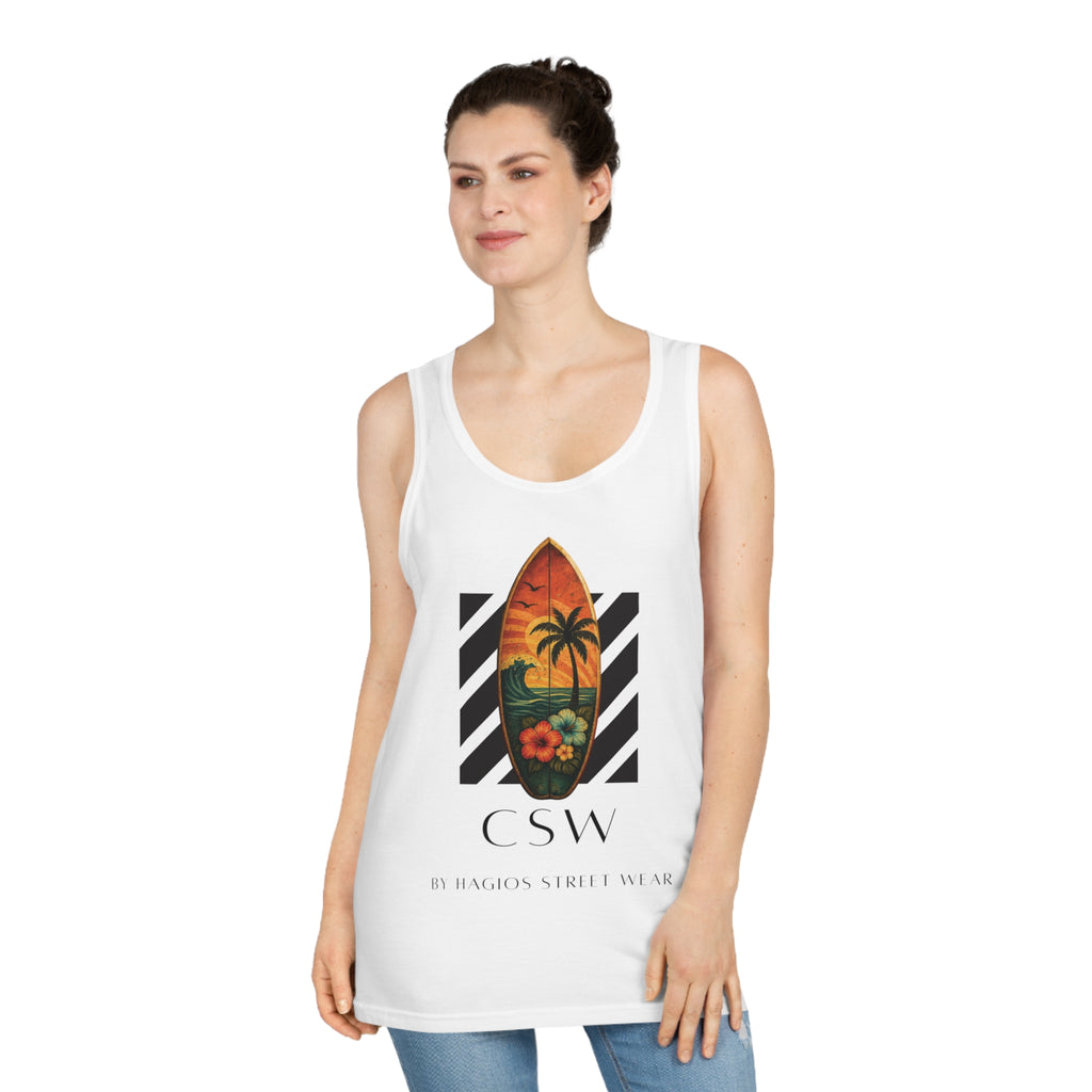 Christian Surf Wear Typography CSW by Hagios street Wear Surf-Inspired Unisex Tank Top | Beachwear, Casual Summer Top, Vacation Essential, Boho Style, Gift for Him/Her