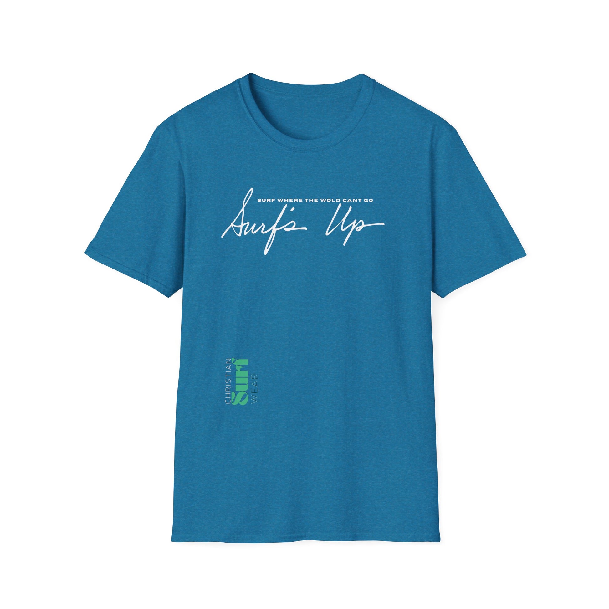 Surf Wear Typography Surf Where the World Can’t Go Graphic Surf’s Up Unisex Softstyle T-Shirt | Beach Vibes, Casual Wear, Gift for Surfers, Summer Style, Christian Apparel